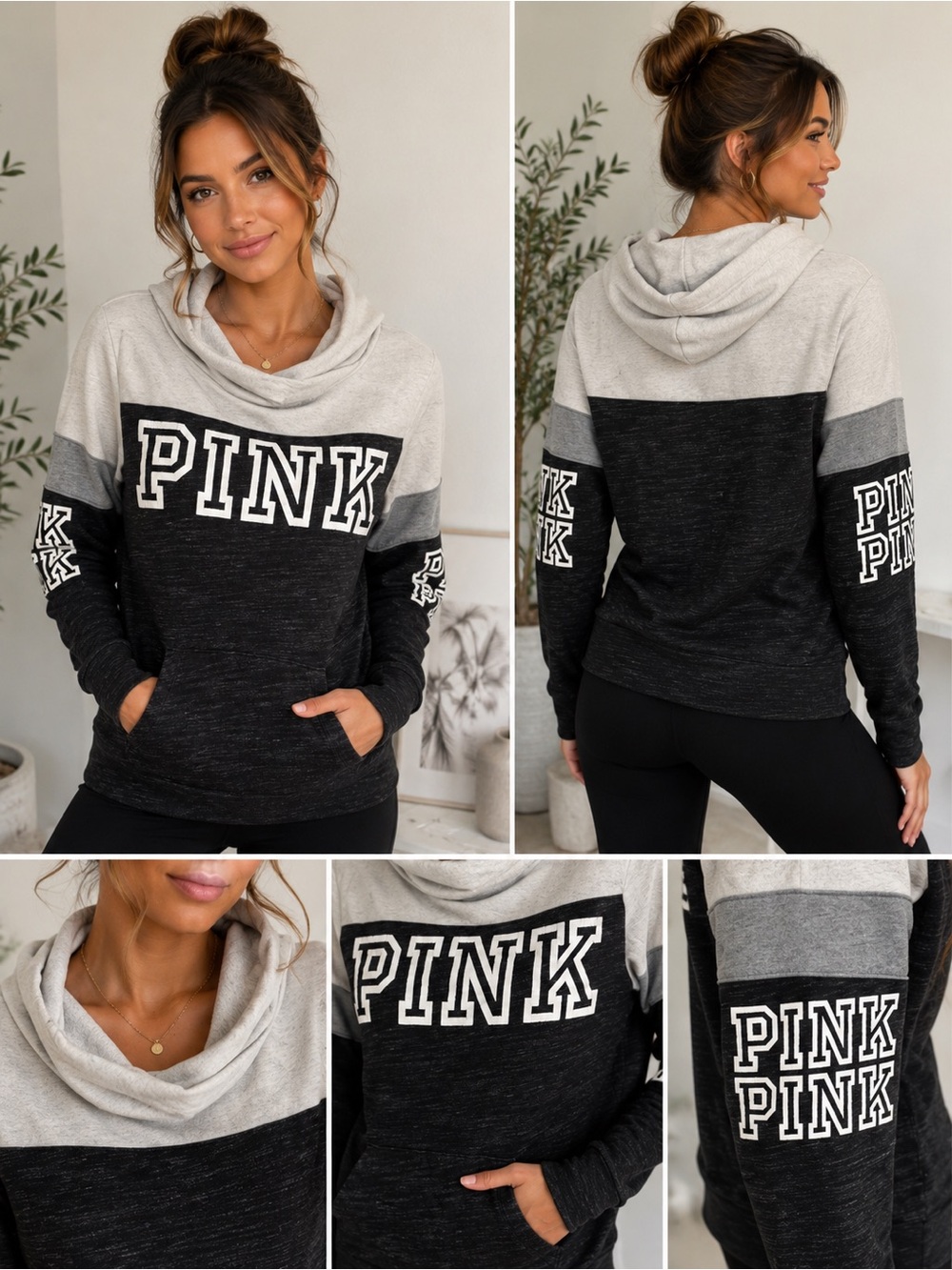 Victoria’s Secret PINK Colorblock Cowl Neck Hoodie Pullover Logo Small?